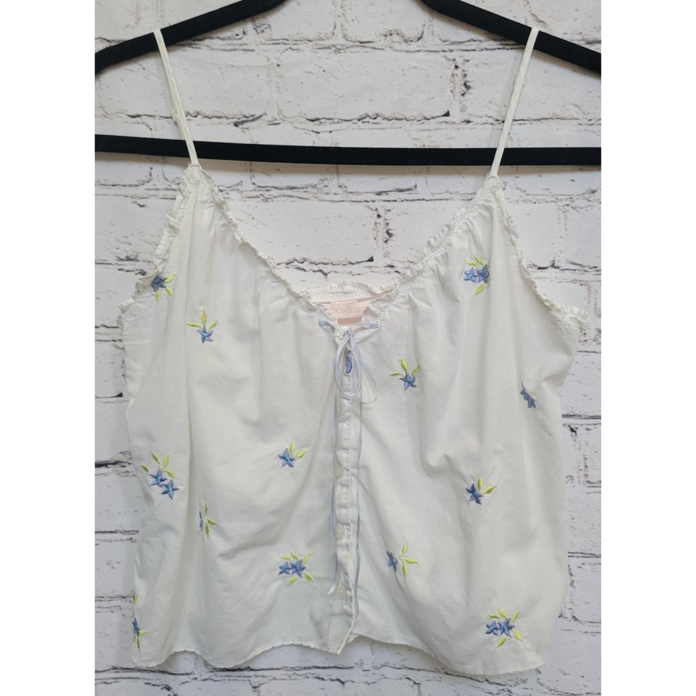 Victorias Secret White Embroidered Floral Camisole XS Button Down Ruffle Trim